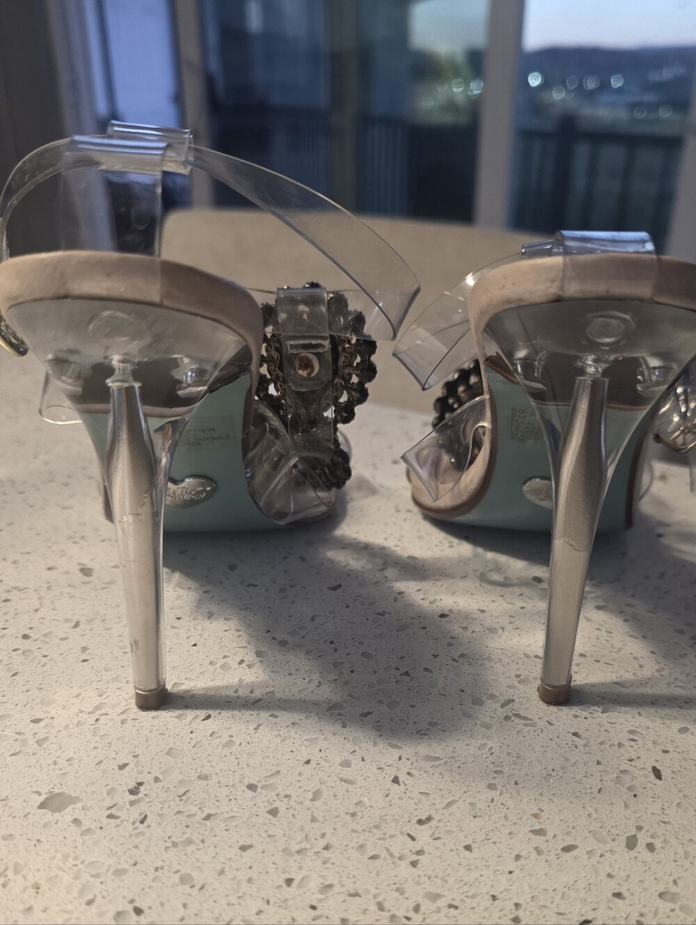Betsey Johnson Clear Strap Stiletto Sandals with Blue Gem Accents - Picture 4 of 7
